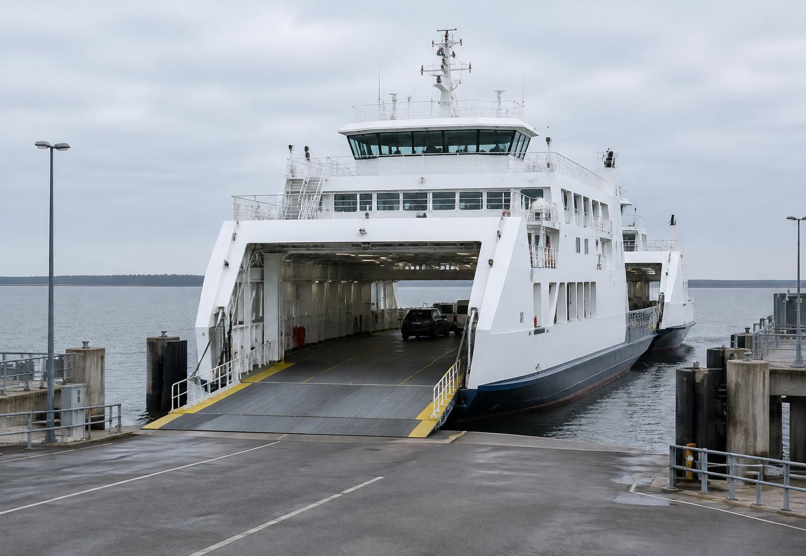 Double-ended car ferry loading vehicles at a flat Baltic terminal