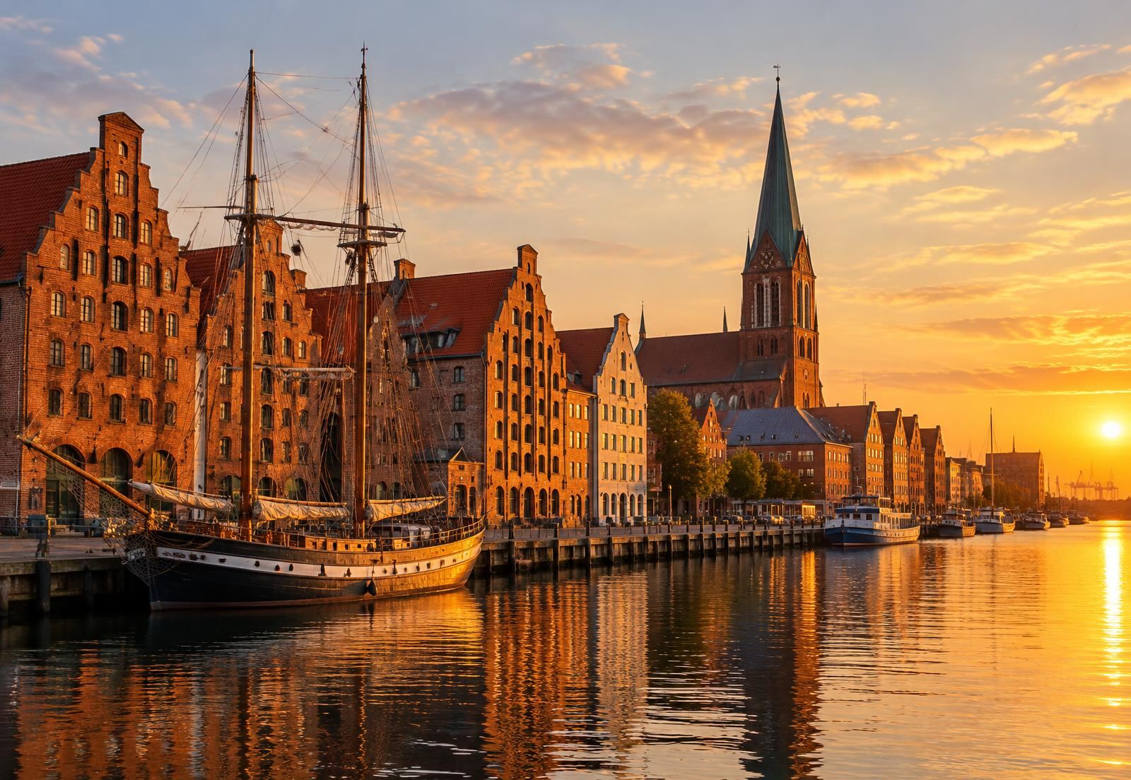 Historic brick gabled warehouses and church spire on a Hanseatic waterfront