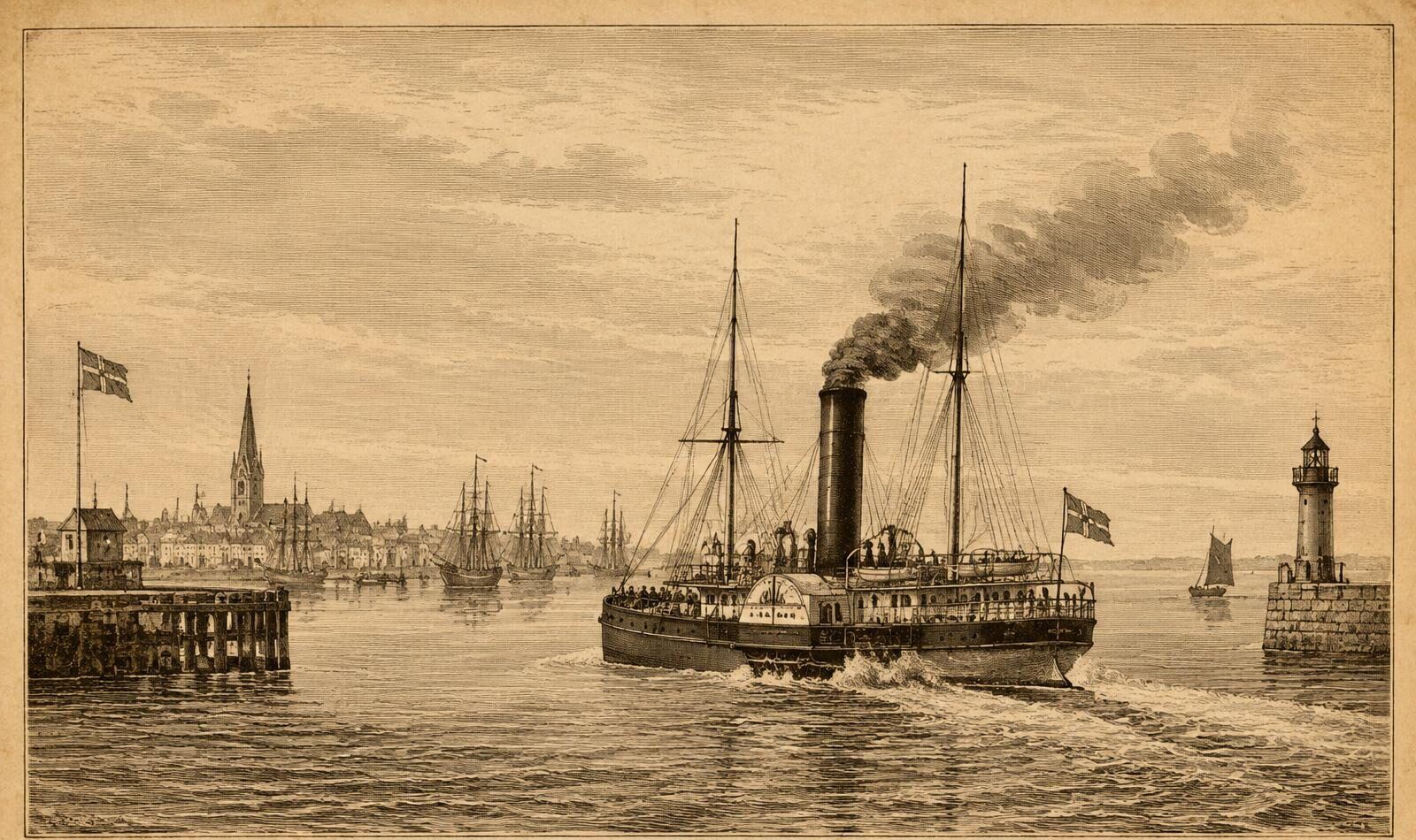Engraving-style illustration of a paddle steamer leaving a Baltic harbour